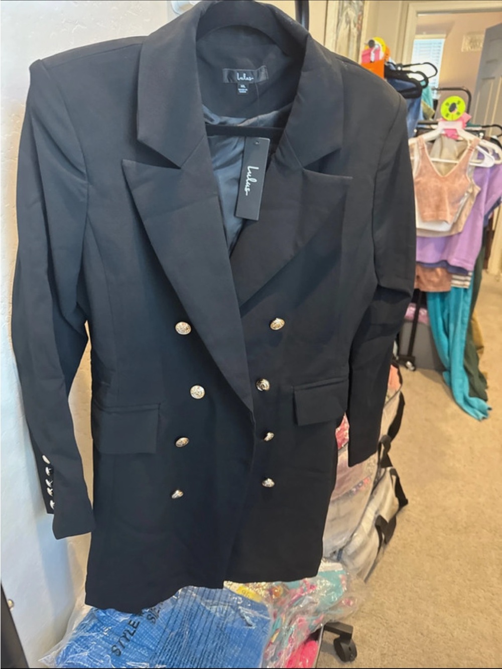 Lulu's Black Double-Breasted Blazer dress with Gold Buttons XL